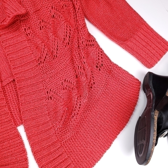 Chicos Red Coral Open Knit Cardigan Sz 1 (U.S. Med / 8) - Picture 5 of 14